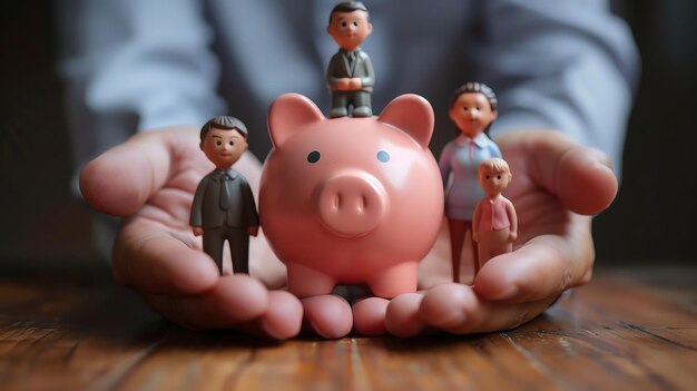 Photo a piggy bank with a family of figurines standing on it held in cupped hands the image symbolizes financial security and family