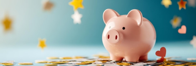 Piggy Bank with Golden Stars and Hearts for Financial Savings A pink piggy bank sits on a blu