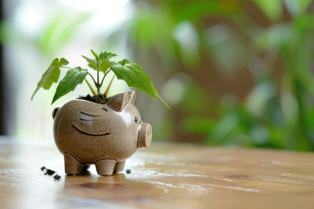 Photo piggy bank with growing plant symbolizing sustainable finance green investment