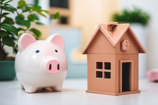 Piggy bank with house miniature mortgage accumulation concept Generative AI