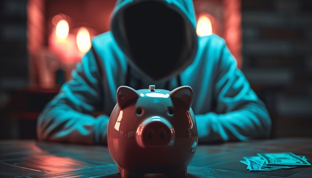 a piggy bank with a man in a hood sits in front of a fire place with a fire in the background