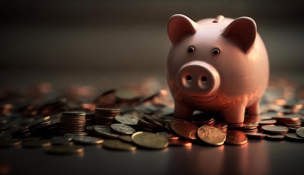 A piggy bank with a pile of coins on it