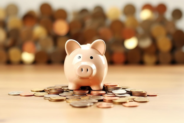 A piggy bank with a pile of coins on the table