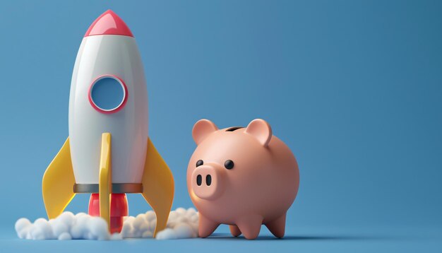 Photo a piggy bank with a rocket next to it