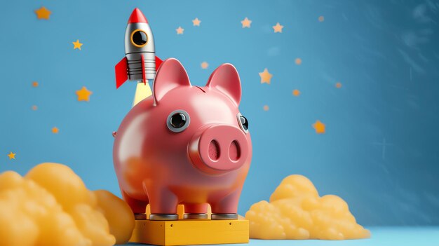 Photo a piggy bank with a rocket on top of it taking off in a blue sky