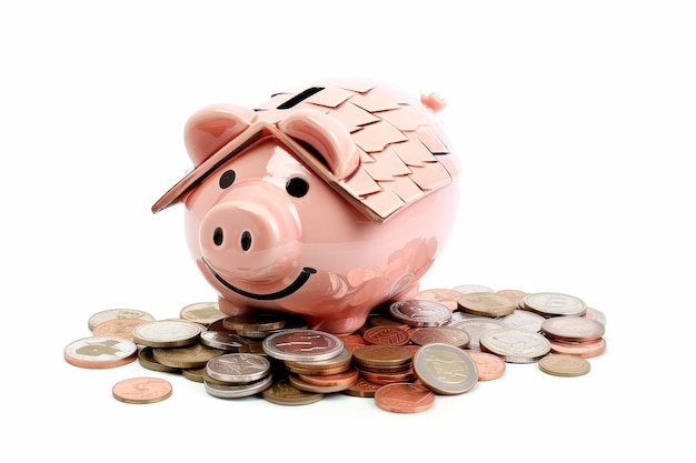 A piggy bank with a roof on top and a pile of coins on the ground