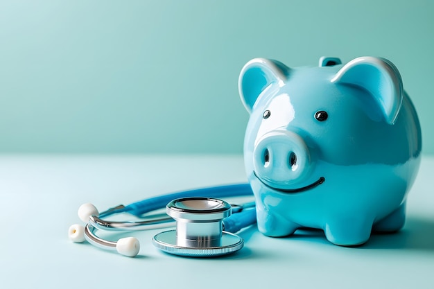 Photo piggy bank with stethoscope on blue background healthcare savings and medical finance concept