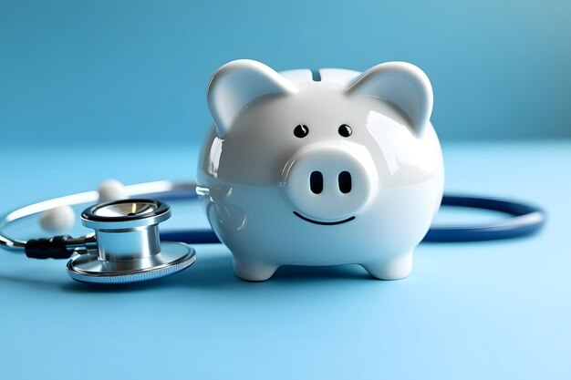 Photo piggy bank with stethoscope on blue background healthcare savings and medical finance concept