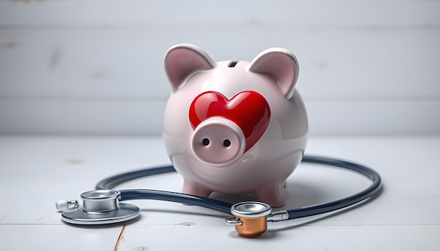 Piggy bank with stethoscope and red heart on white wooden table isolated with white highlights