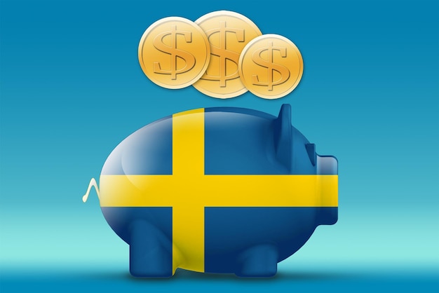 Piggy bank with Sweden flag and gold coin