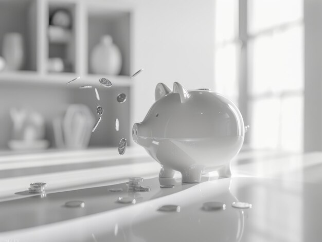 Photo piggy bank with three bitcoins falling in simple and minimalistic style high resolution photography