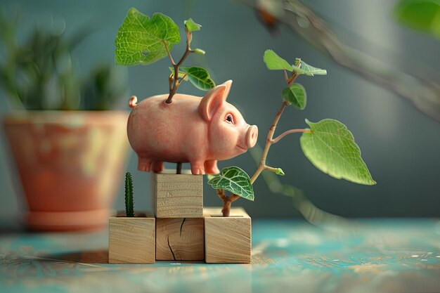 Photo piggy bank with wooden growth blocks