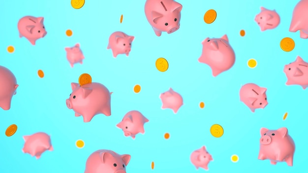 Piggy banks and coins in flight levitation Blue background 3d render