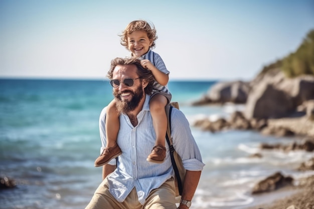 Piggyback sea or father with a child for a holiday vacation together with happiness in summer