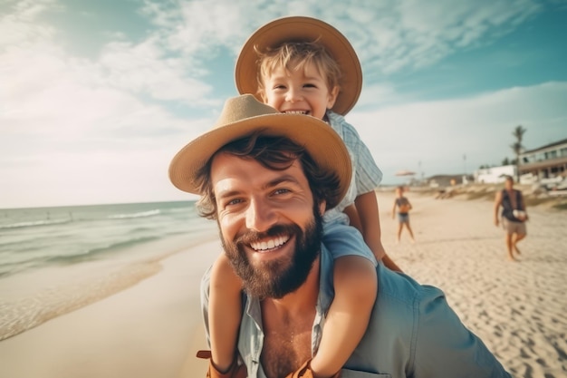 Piggyback sea or father with a child for a holiday vacation together with happiness in summer