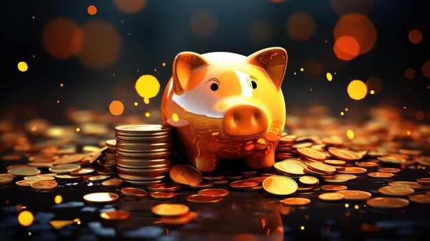 Piggybank on Coins with Glowing Bokeh Background Lights