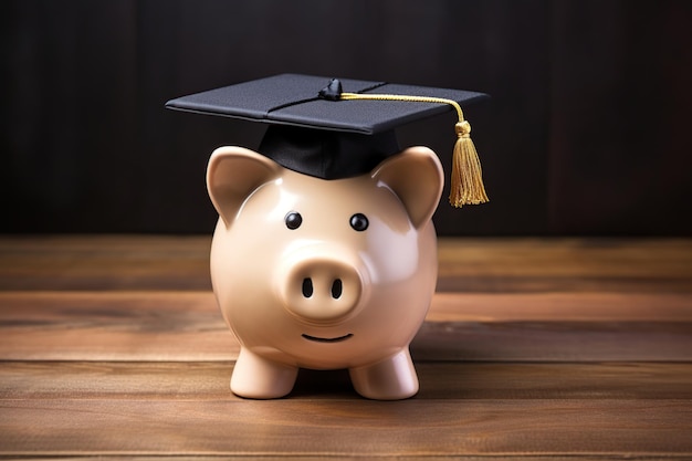 Piggybank with graduation cap on brown wooden background