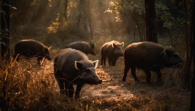 Piglet grazes in meadow with domestic animals generated by AI