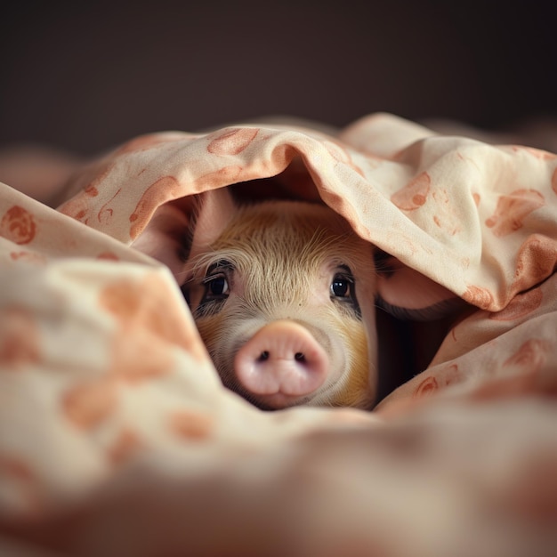 A piglet is peeking out of a blanket with the words " little pig " on it.