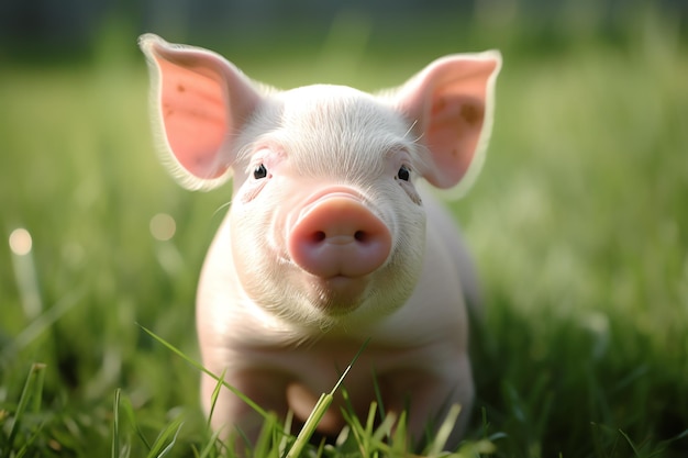 a piglet standing in grass