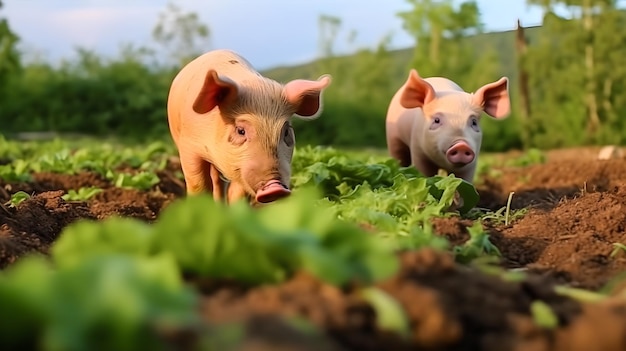 Piglets eating grass in the wild Animal welfare on farms Generative ai