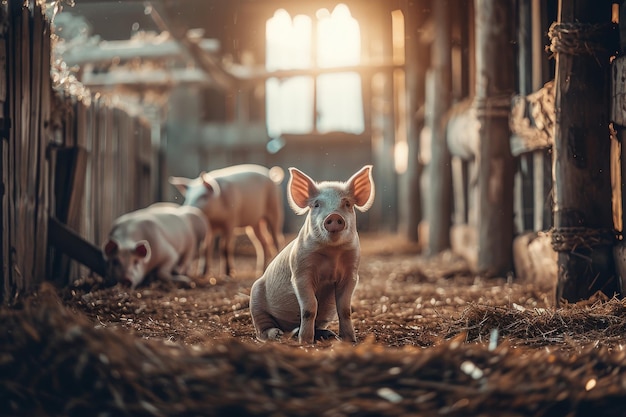 The pigs are eating in a stable one of which is sick and trying to stand