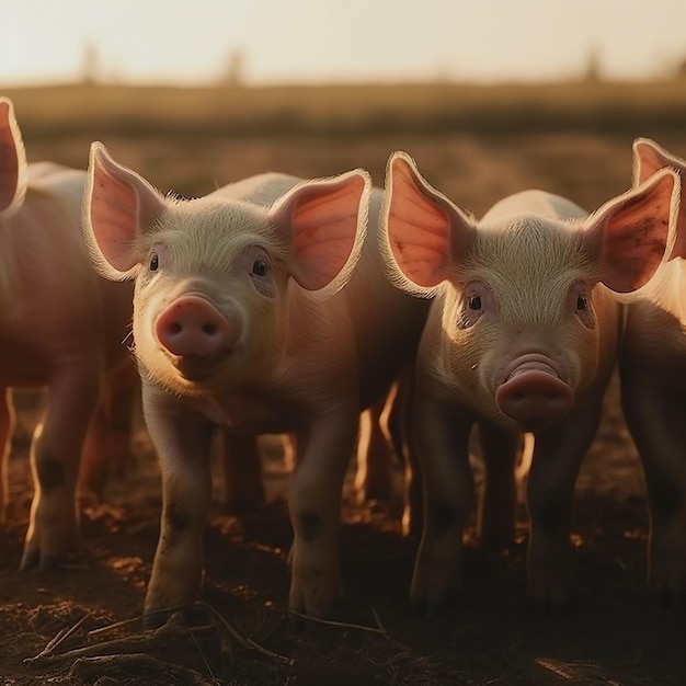 Pigs on a farm with the sun setting