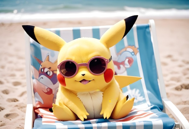 Pikachu pokemon sitting on a beach chair with sunglasses on