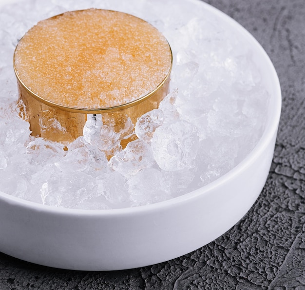 Pike caviar on ice close up