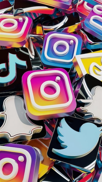 Photo pile of 3d popular social media logos