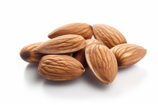 A pile of almonds on a white background