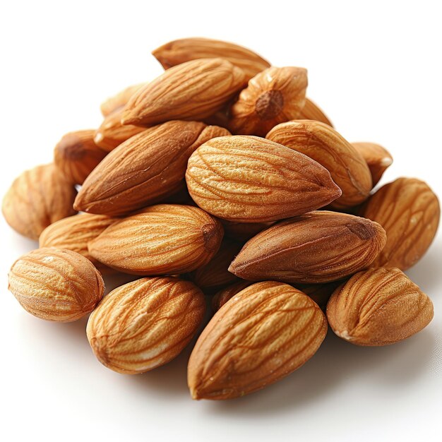 a pile of almonds with a white background