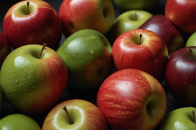 a pile of apples with one that has a green apple on it