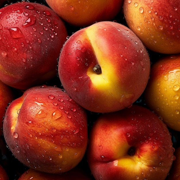 A pile of apples with water droplets on them.