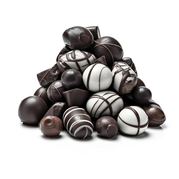 Pile of assorted chocolate candies isolated on a white background