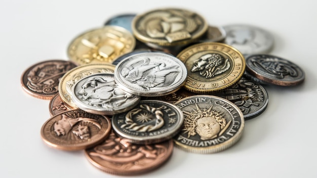 Photo a pile of assorted coins from various countries displayed on a white background highlighting their unique designs and metallic finishes