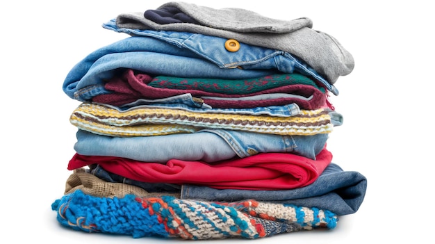 Pile of assorted folded clothes with visible textures on white background