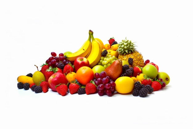 Pile of assorted fruit including bananas apples strawberries grapes and pineapples Generative AI