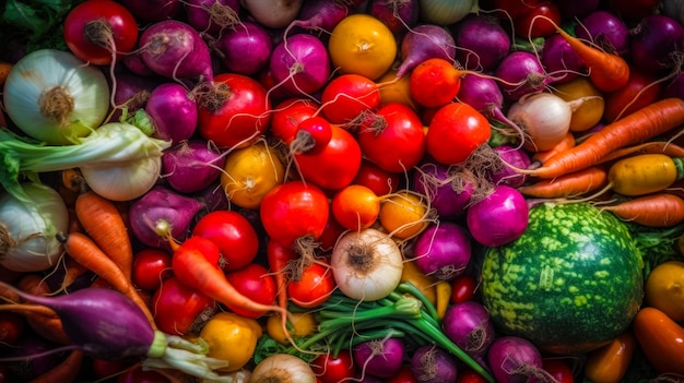 Pile of assorted vegetables including tomatoes onions broccoli and radishes Generative AI