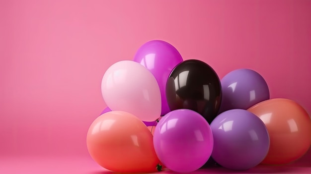 A pile of balloons on a pink background