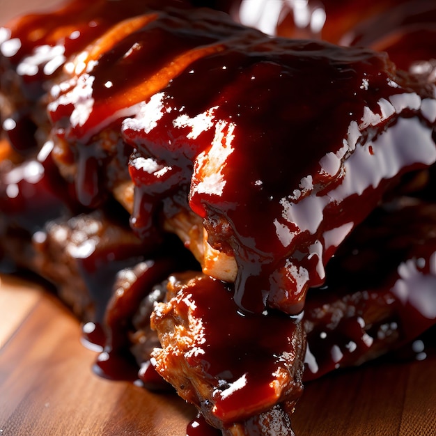 A pile of bbq ribs with bbq sauce on top