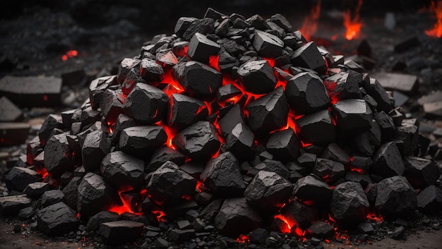 A pile of black coal with glowing red embers scattered throughout