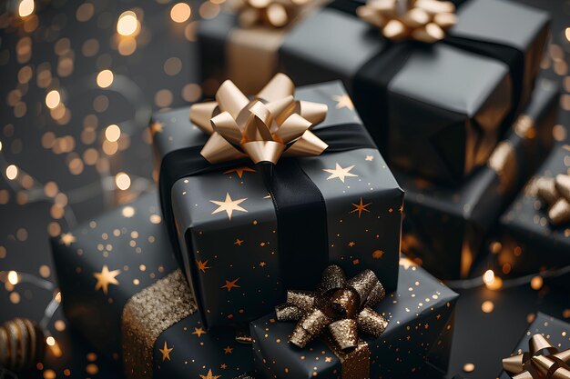 A pile of black and gold wrapped presents