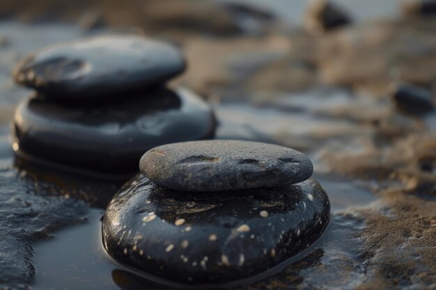 A pile of black rocks on a sandy beach Suitable for nature and landscape themes