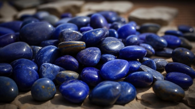 A pile of blue gemstone beads on a wooden surface.