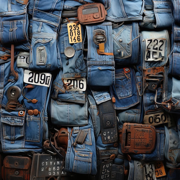 a pile of blue jeans with a number of numbers on them