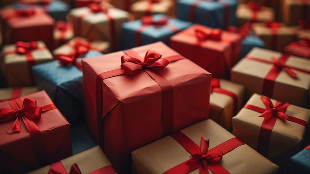 a pile of blue and red gift boxes with red ribbon