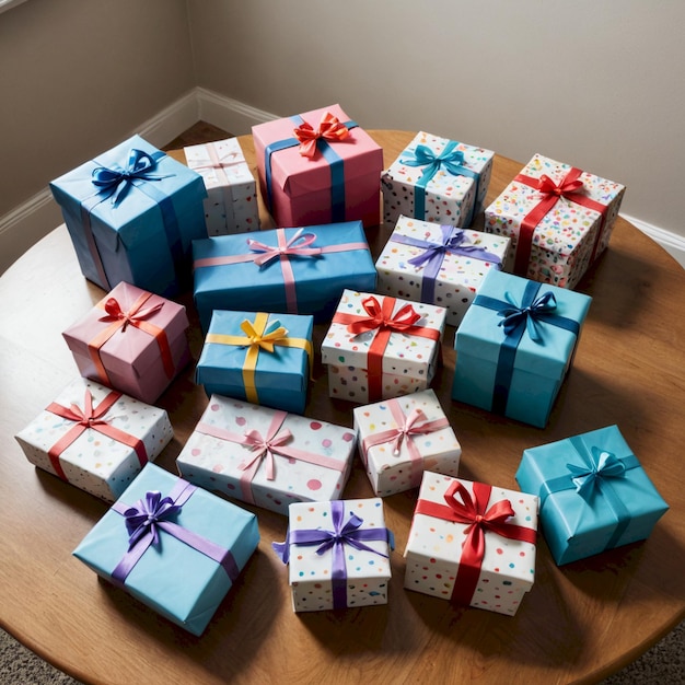 Photo a pile of blue and white gift boxes on a table with one that says quot gift quot