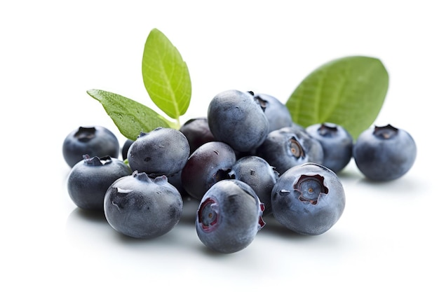 A pile of blueberries with leaves on a white background generative AI