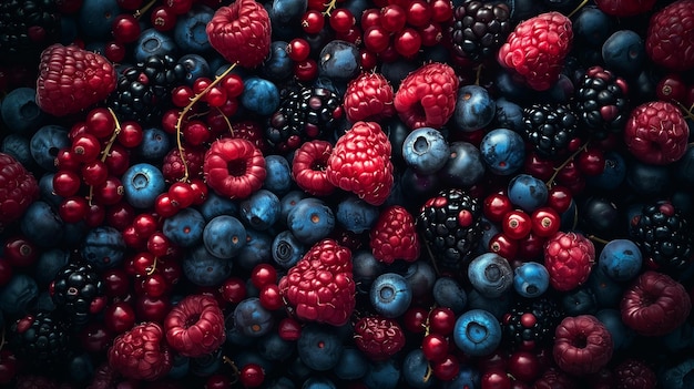 Photo a pile of blueberries with raspberries and blueberries